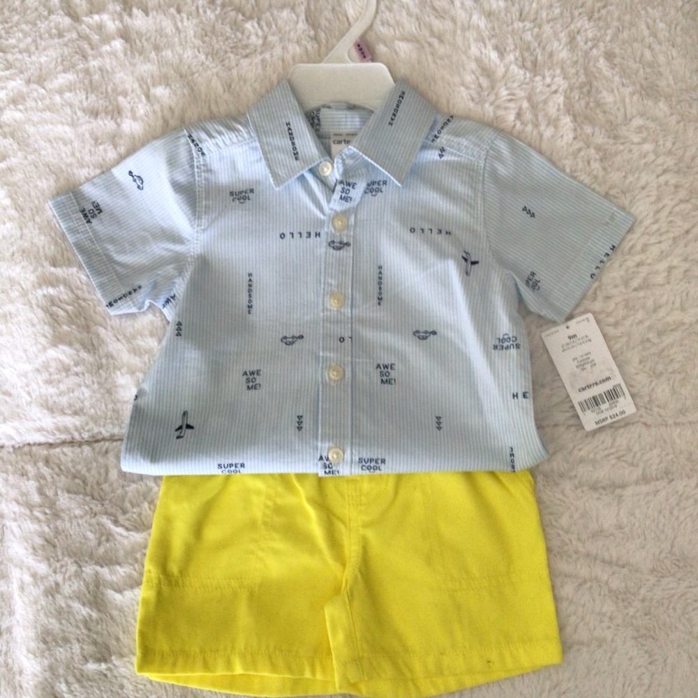 NEW CARTERS BABY  SHIRT AND SHORTS SET - 9 MONTH OLD SIZE - 100% COTTON